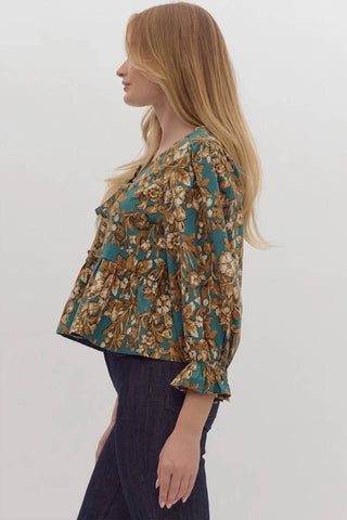 Entro - Sutton Floral Print 3/4 Sleeve Peplum Top