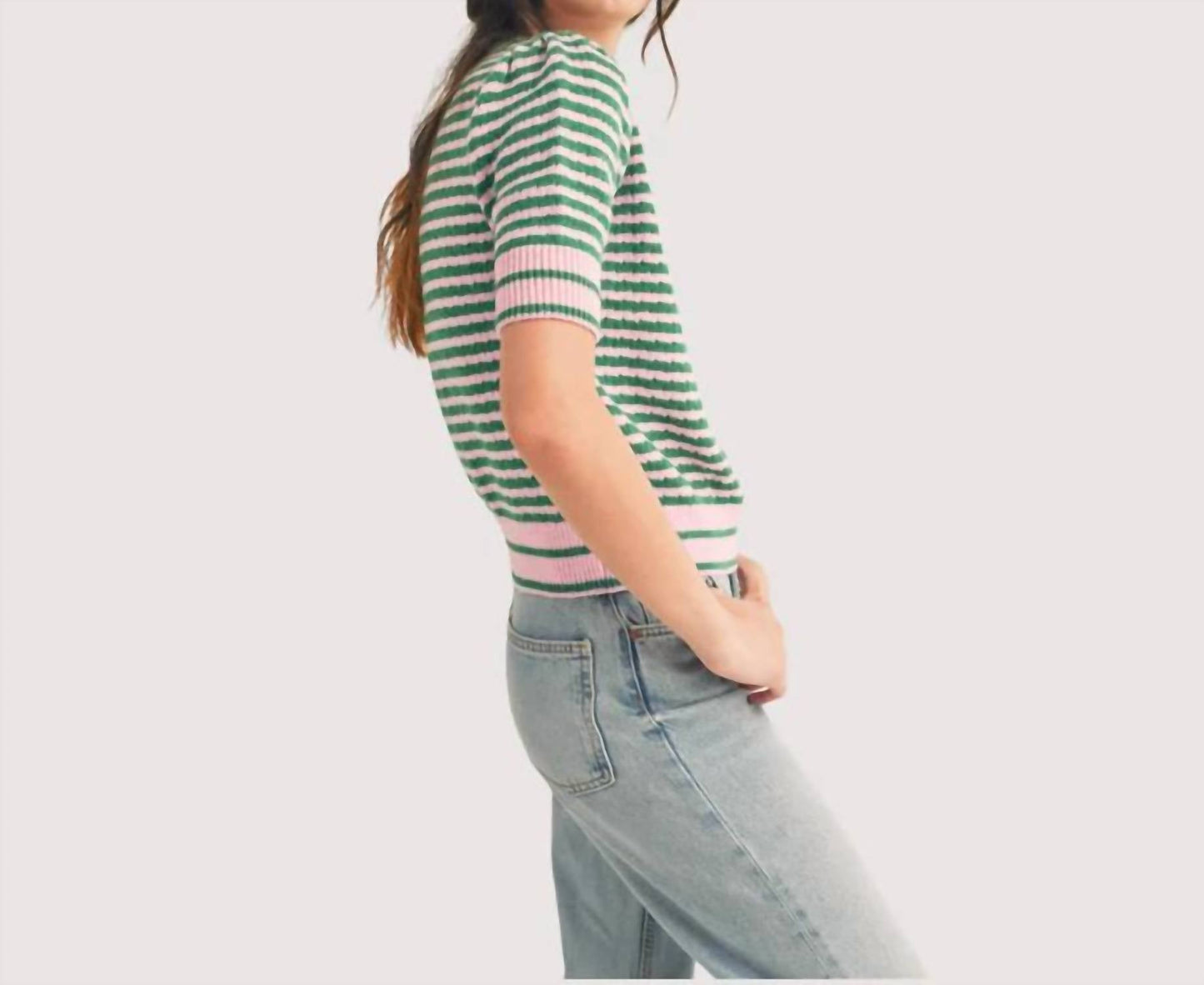 &Merci - Striped Pointelle Puff Sleeve Sweater