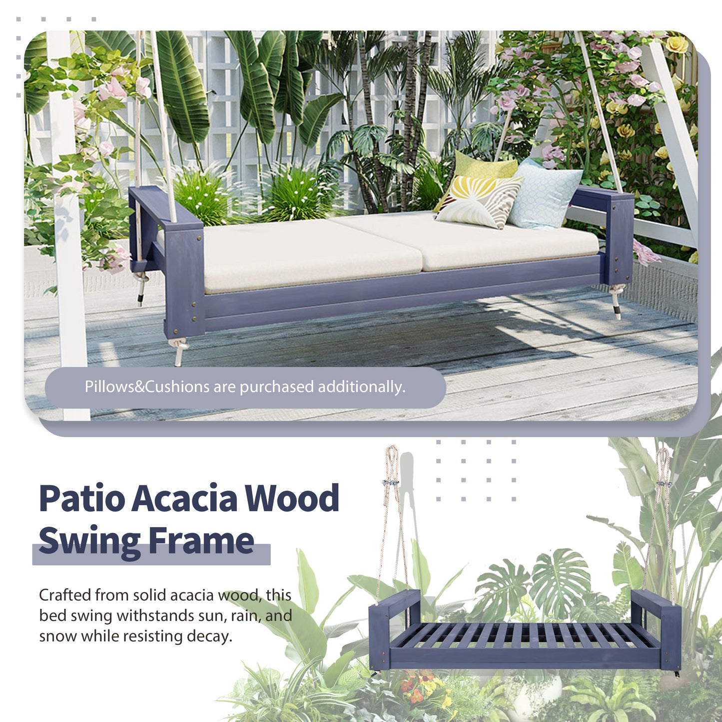 Twin Size Porch Swing Bed Seating Gray