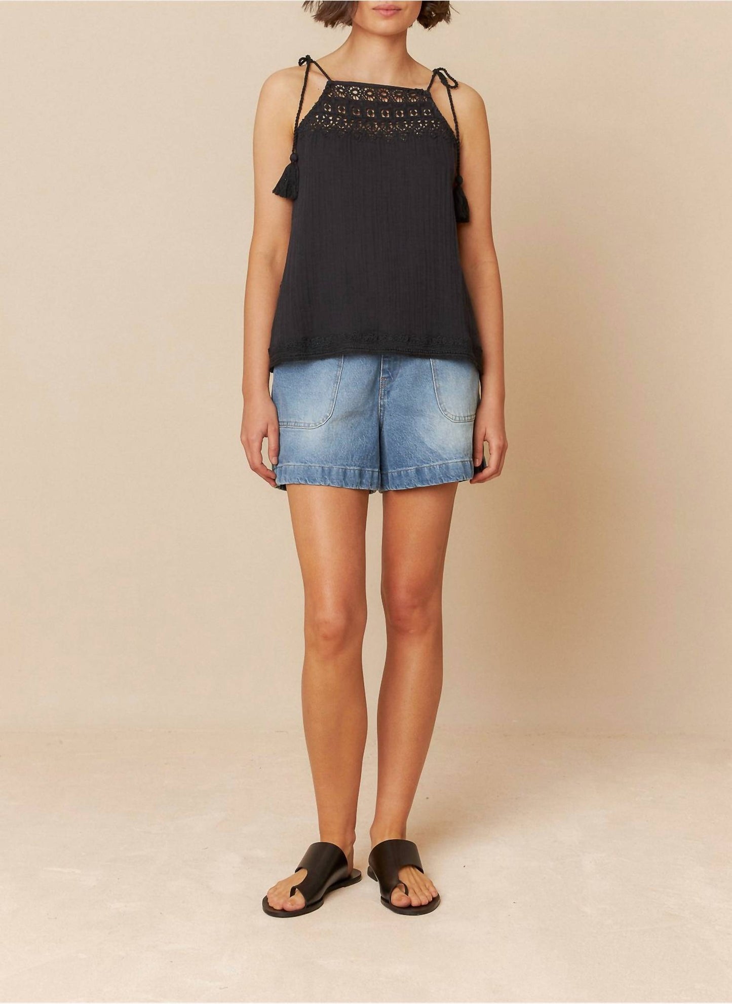 Indi & Cold - Halter Top with Inserted Lace Trims in Double Gauze