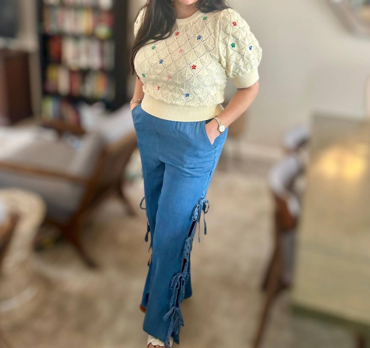 Entro - Diamond Pattern Pointelle Sweater