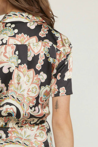 Entro - Satin Paisley Short Faux Wrap Dress