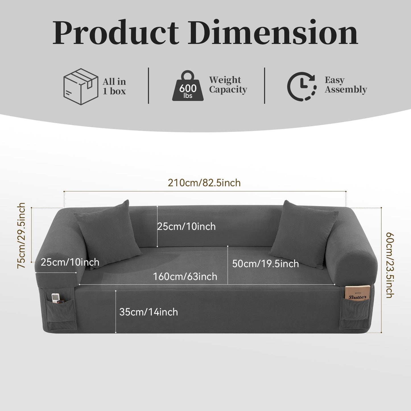Spring Sofa with High-Quality Fabric, Pillows & Storage - Gray