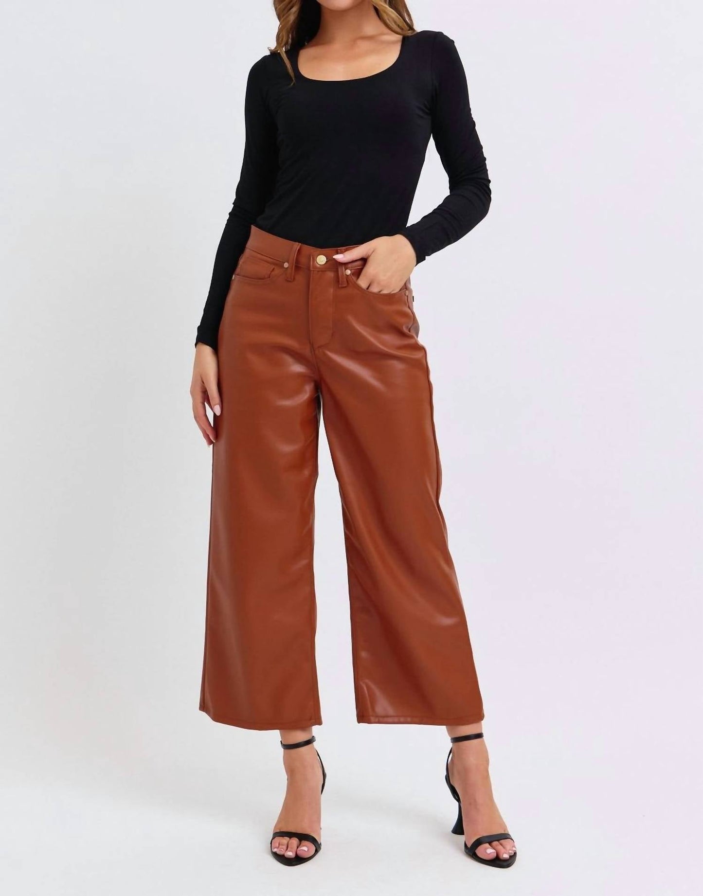 Judy Blue - High Rise Tummy Control Faux Leather Crop Wide Leg Jeans