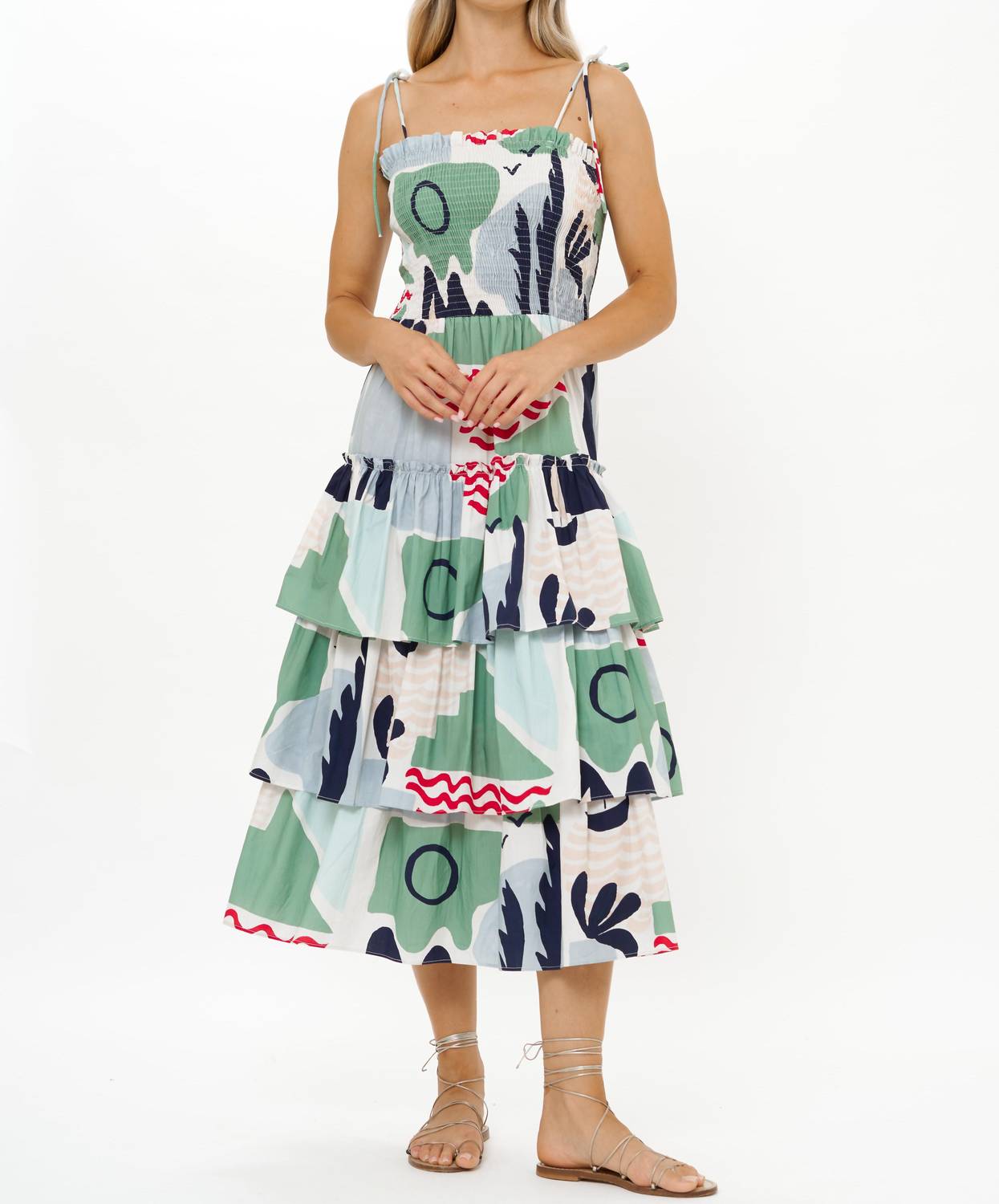 Oliphant - Smocked Tie Strap Ruffle Midi Dress