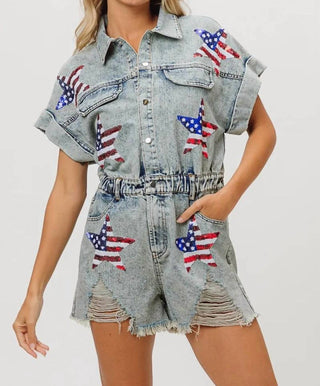 Trendsi - BiBi American Flag Washed Romper