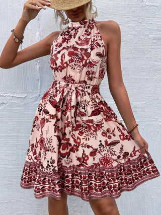 Trendsi - Printed Tie Waist Mini Dress