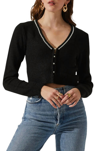 Astr - Melissa Imitation Pearl Trim Cardigan And Bralette Set