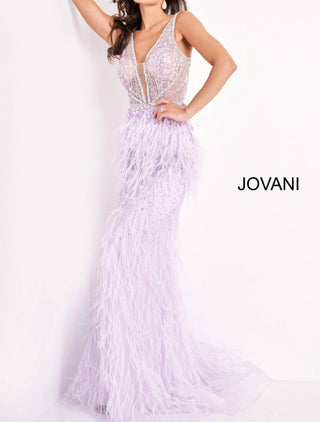 Jovani - Sheer Embellished Bodice Feather Dress