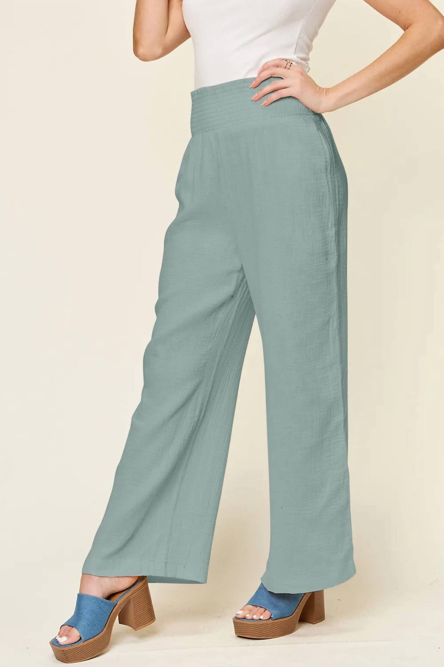 Double Take - Women's Full Size Texture Smocked Waist Wide Leg Pants