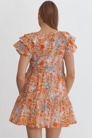 Entro - Ruffle Sleeves And Pockets Floral Mini Dress