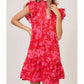 Umgee - Women's Red Mix Floral Ruffle Sleeve Dress