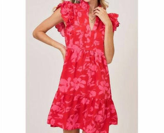 Umgee - Women's Red Mix Floral Ruffle Sleeve Dress