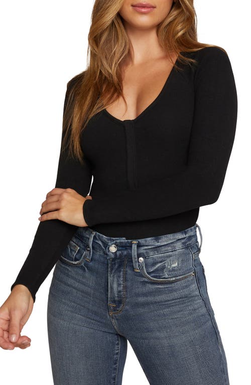 Good American Black Long Sleeve Snap Henley Bodysuit