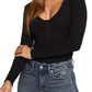 Good American Black Long Sleeve Snap Henley Bodysuit