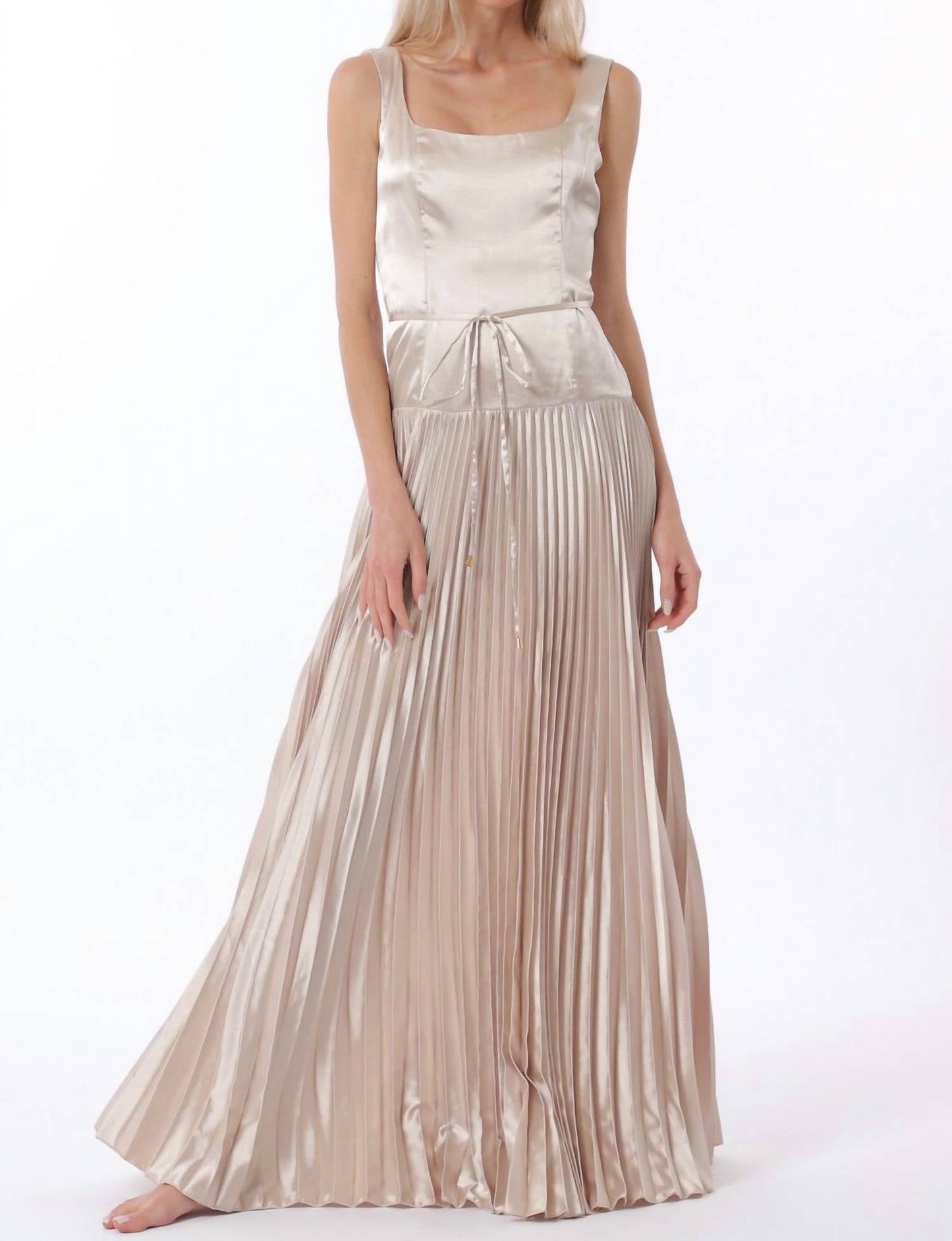 Aakaa - Sleeveless Tie Front Waisted Pleat Maxi Dress