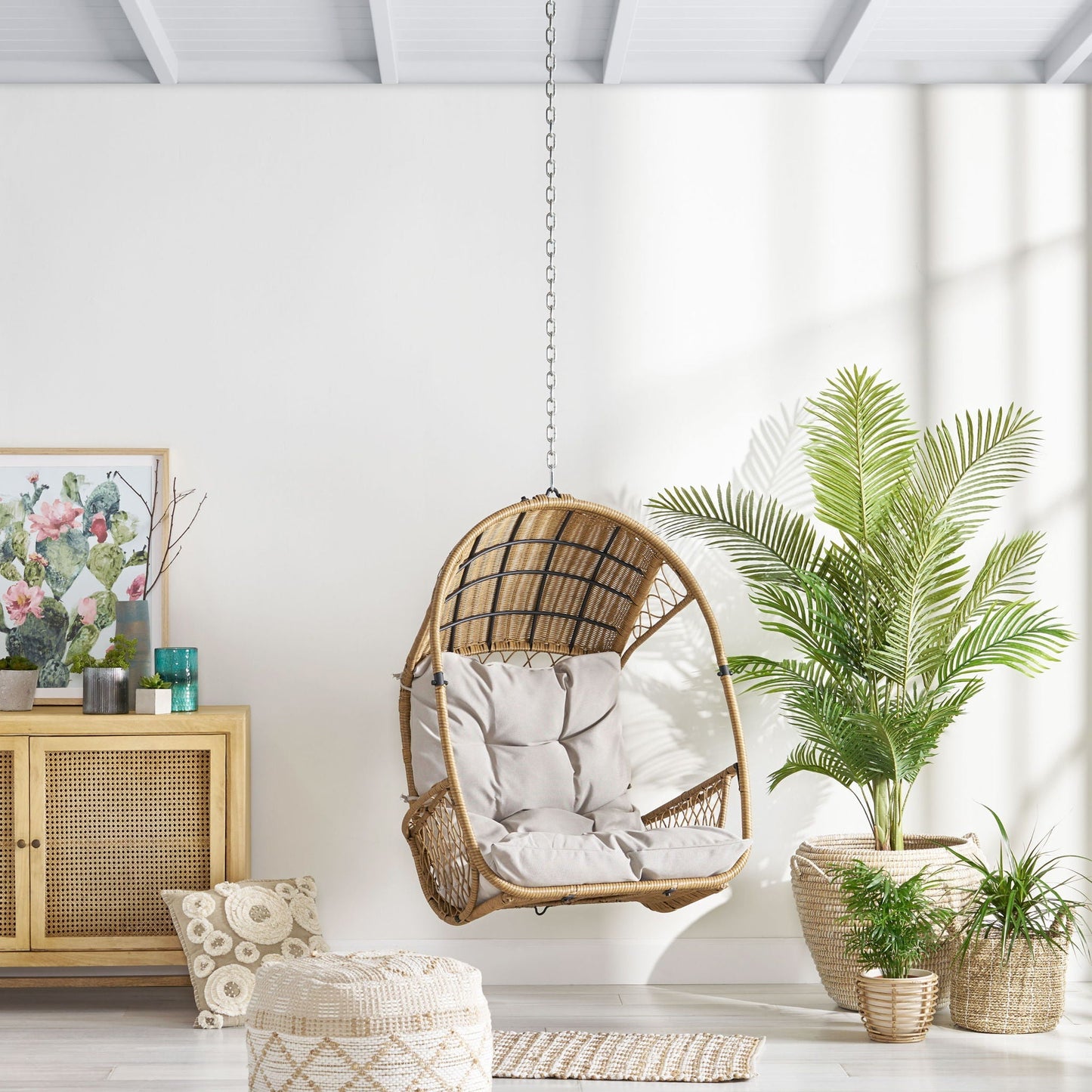 Outdoor Indoor Wicker Hanging Chair with 8 Ft Chain - Light Brown Beige
