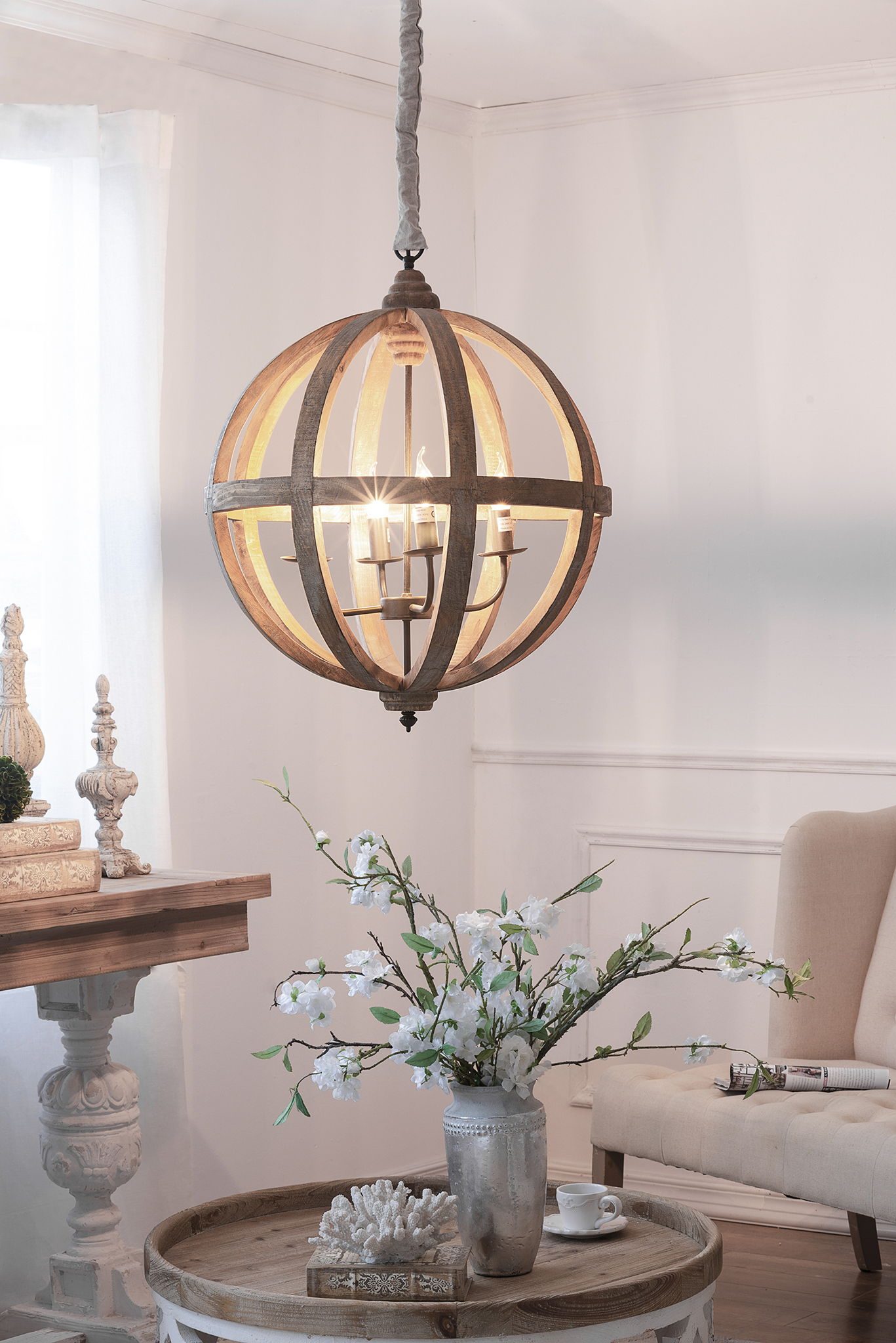 4 Light Wood Chandelier with Adjustable Chain