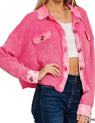 Zenana - Acid Wash Waffle Knit Crop Shacket