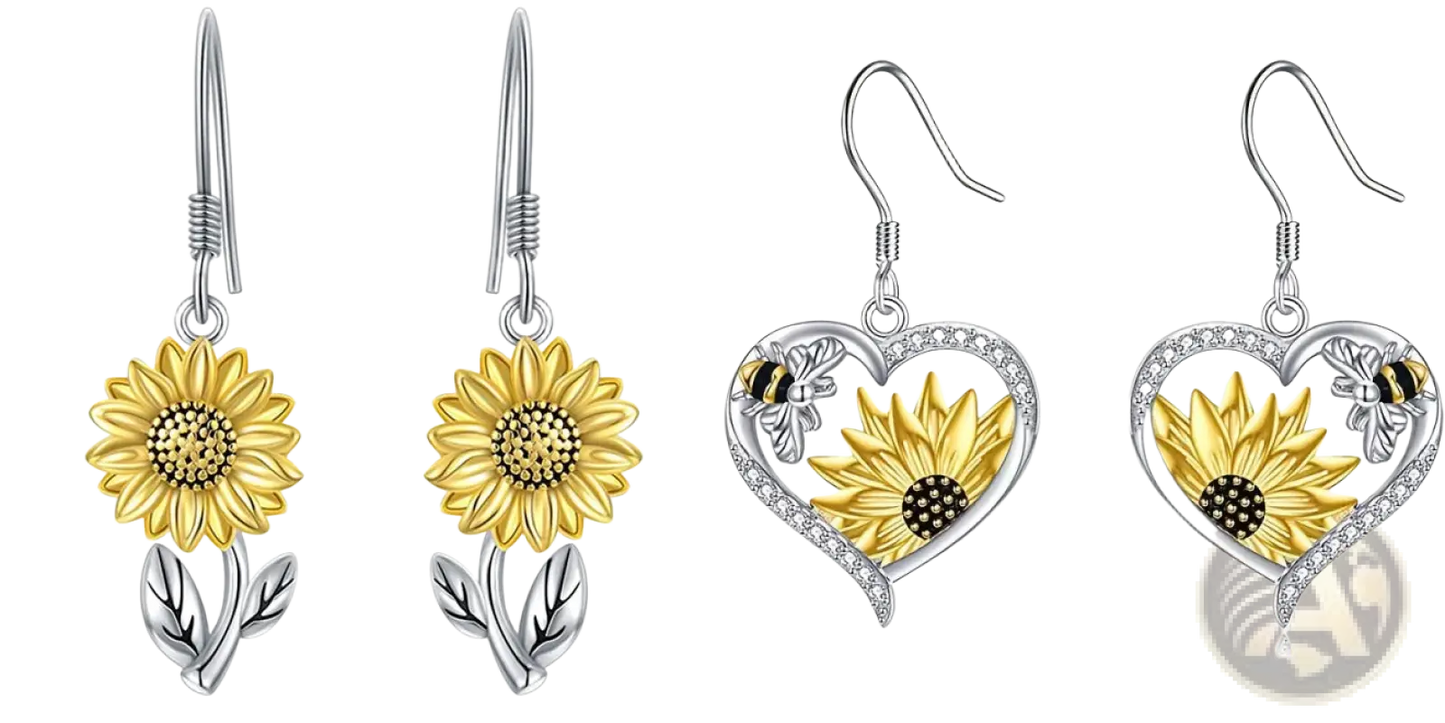 Bee and Sunflower Heart Rhinestone Silver Earrings