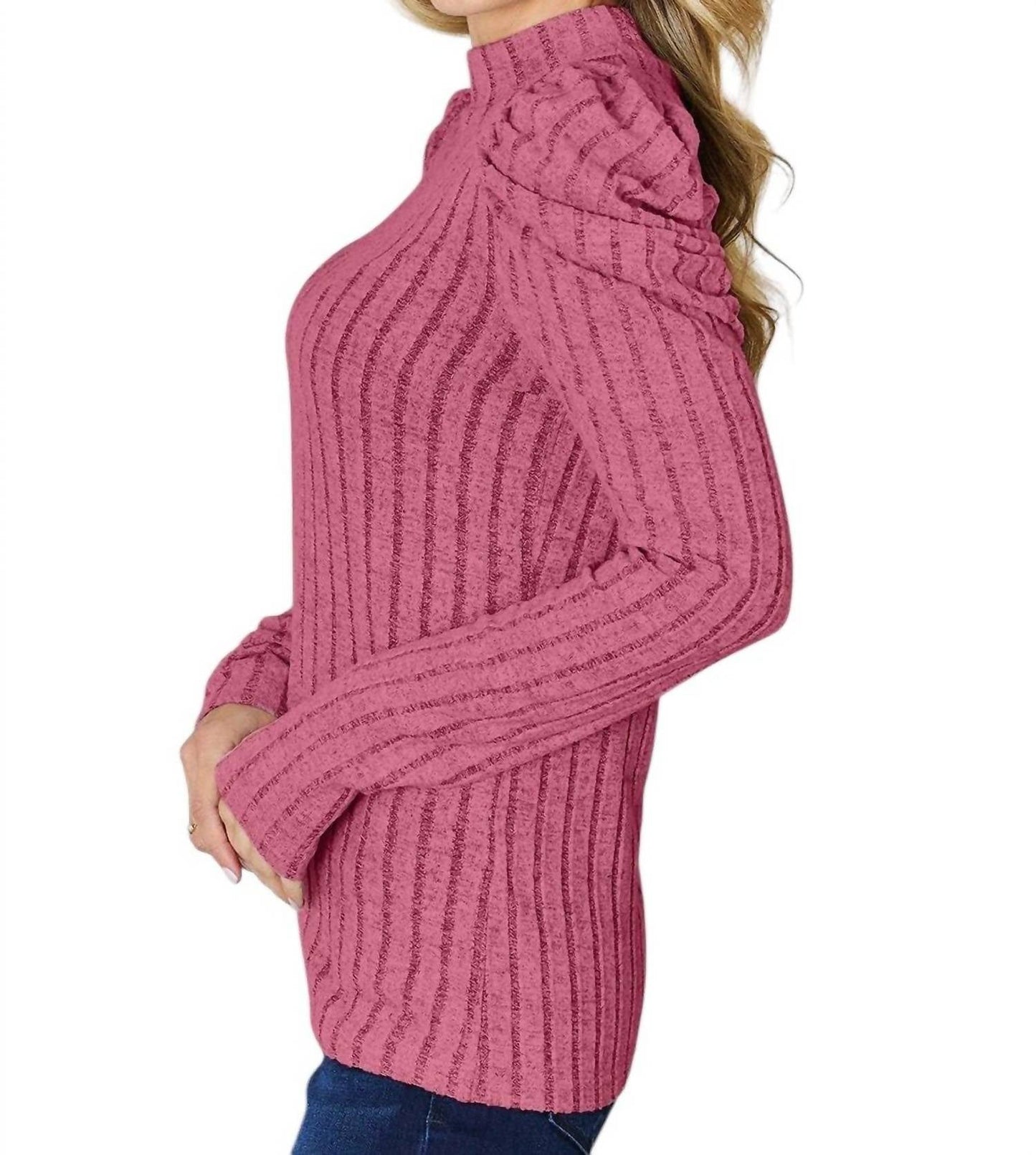 Basic Bae - Ribbed Mock Neck Top With Puff Sleeves