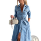 Belted Light Blue Denim Midi Shirt Dress