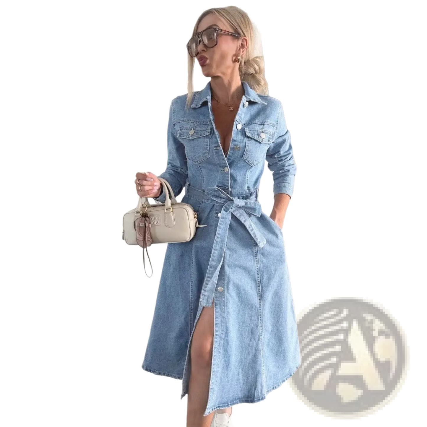 Belted Light Blue Denim Midi Shirt Dress