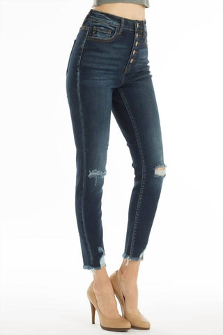 Kancan - High Rise 5 Button Distressed Knee Jean