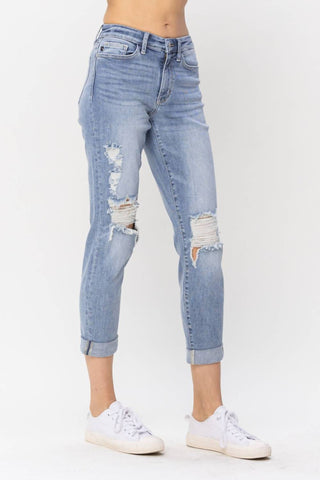 Judy Blue - Mid Rise Double Cuff Destroyed Boyfriend Denim Jeans