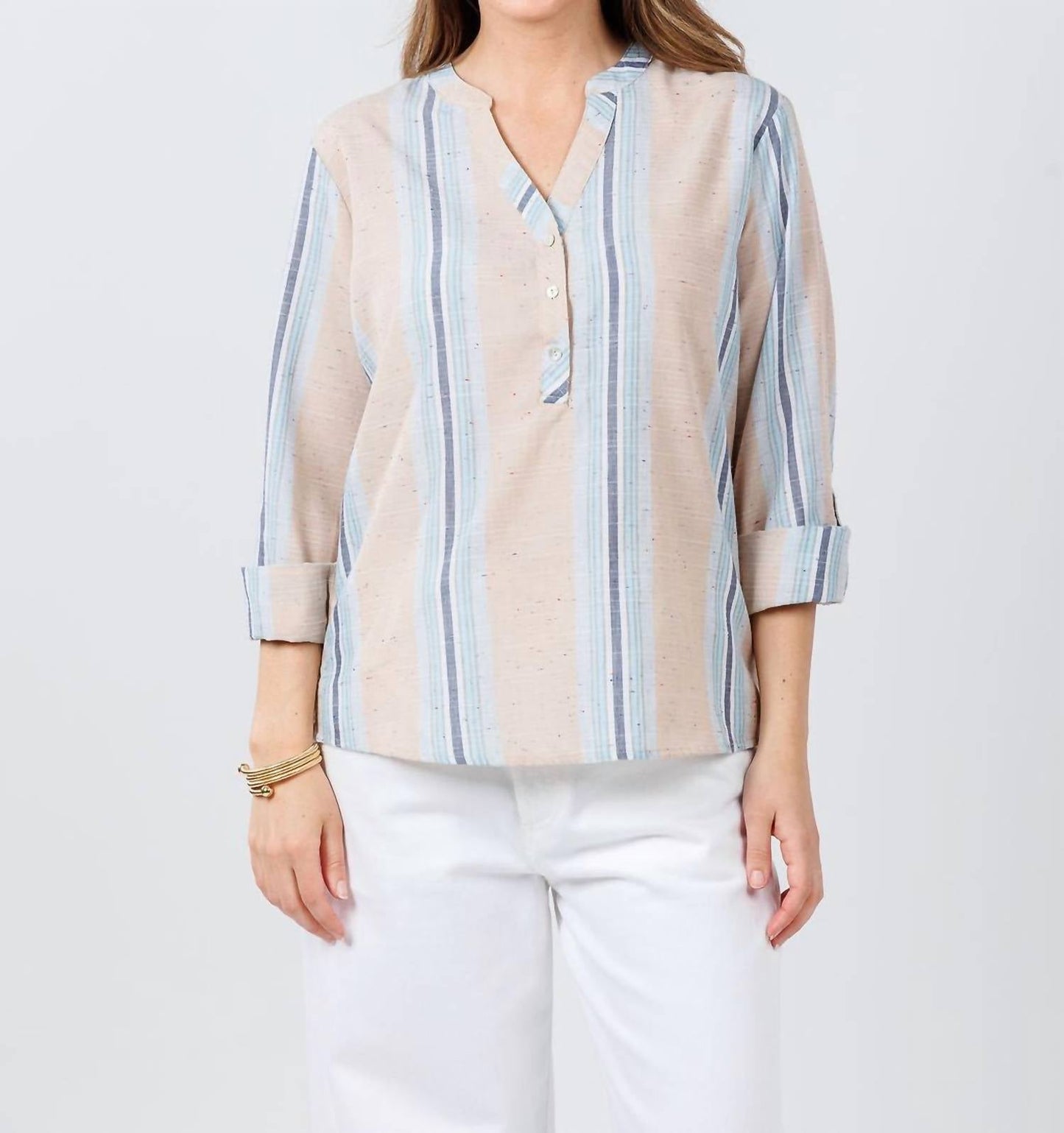 Billy T - Belize Stripe Roll Tab Sleeve Popover Shirt
