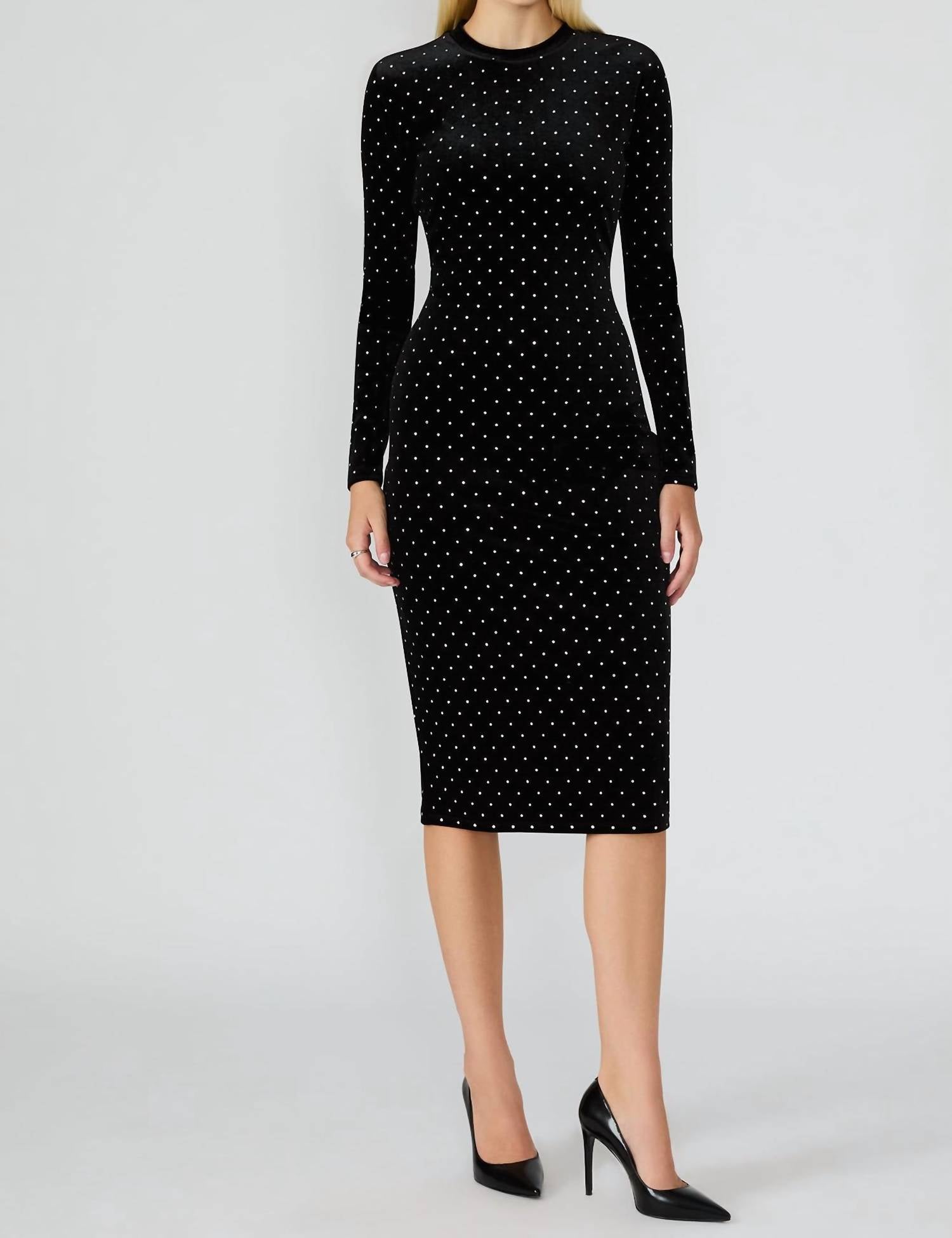 Steve Madden Women's Hailee Studded Velvet Dress Long Sleeve Bodycon Dresses - Black - Size XS