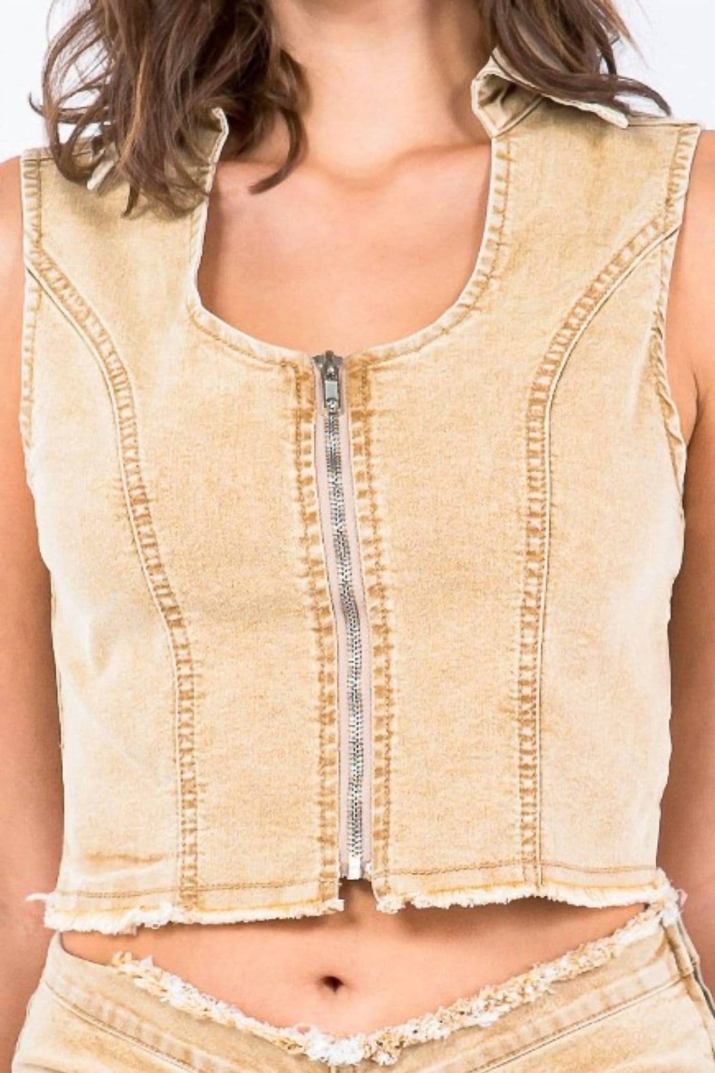 American Bazi - Zip Up Washed Crop Denim Vest