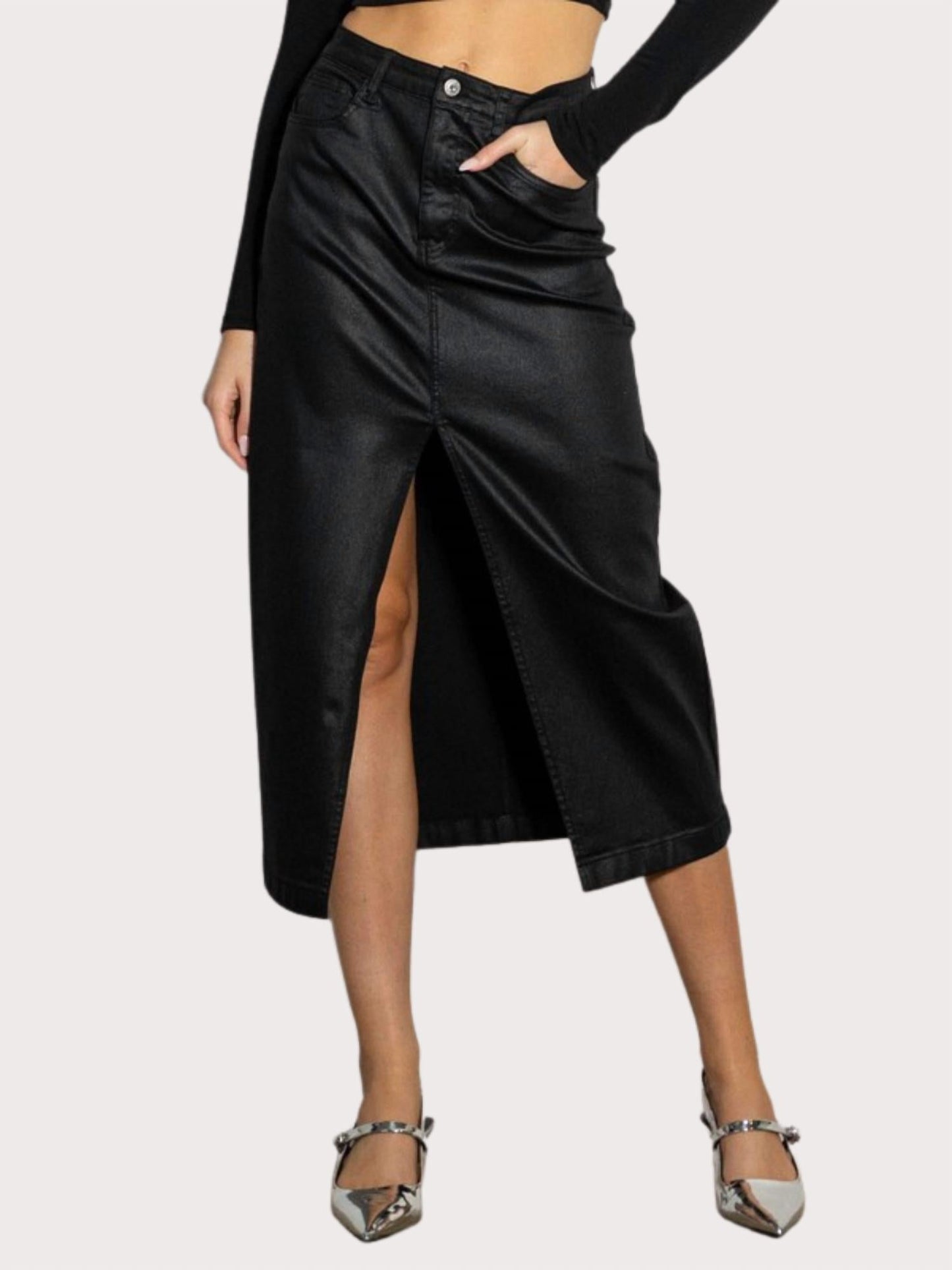 Vibrant M.I.U - Front Slit Midi Coated Skirt