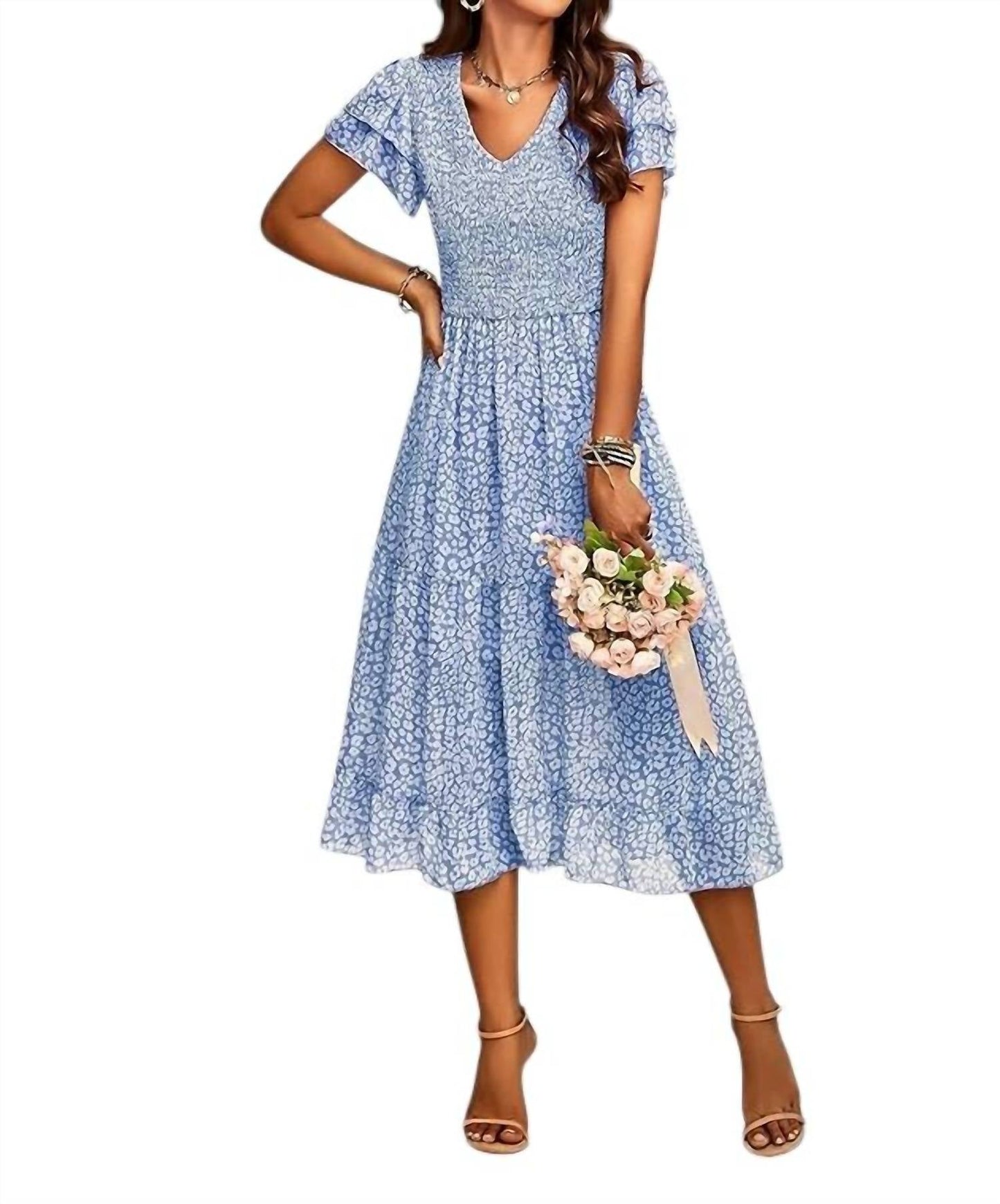 Ninexis - 3/4 Sleeve Tier Print Dress