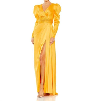 Mac Duggal - V Neckline Long Puff Sleeves Maxi Column Gown