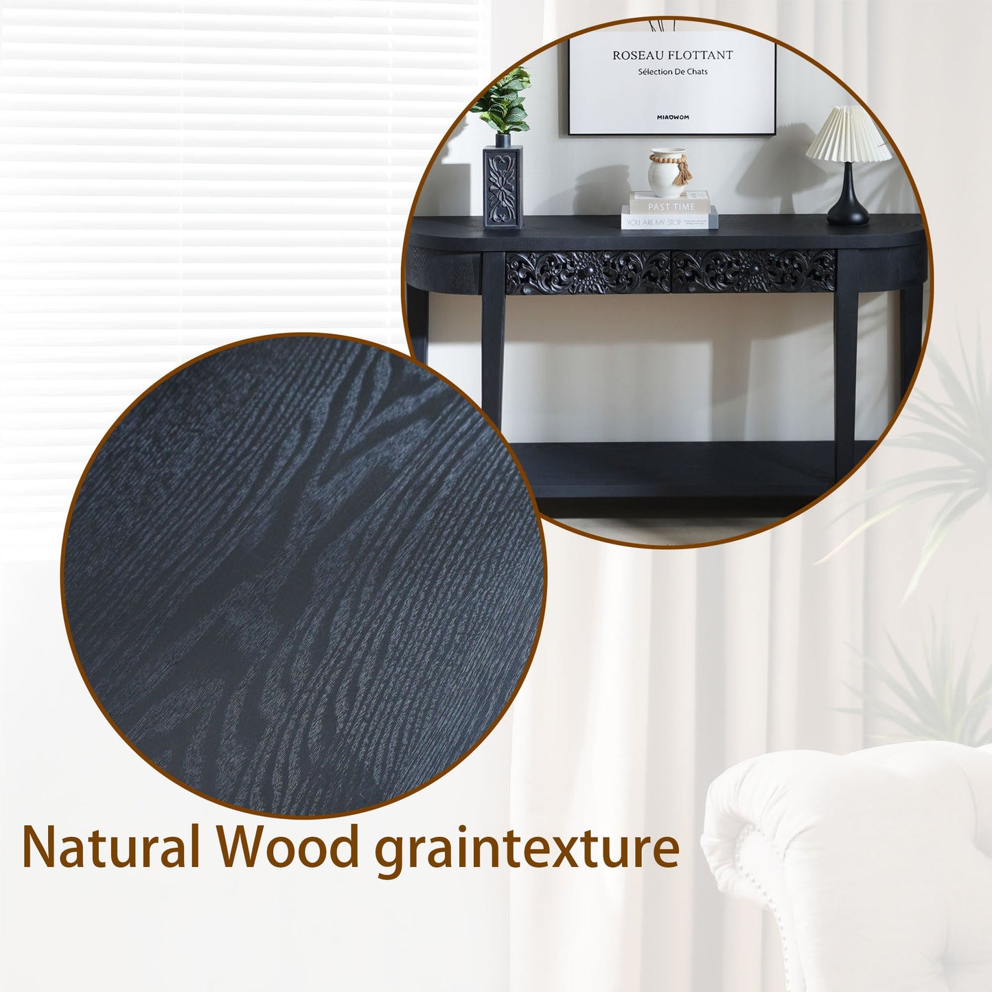 59.2in Black Carved Wooden Console Table with Lower Storage Shelf and Drawers