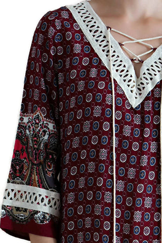 Entro - Border Print Lace Up Tassel Tie Dress