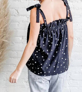 And The Why - Daisy Polka Dot Print Ruffle With Ribbon Tied Tank Top