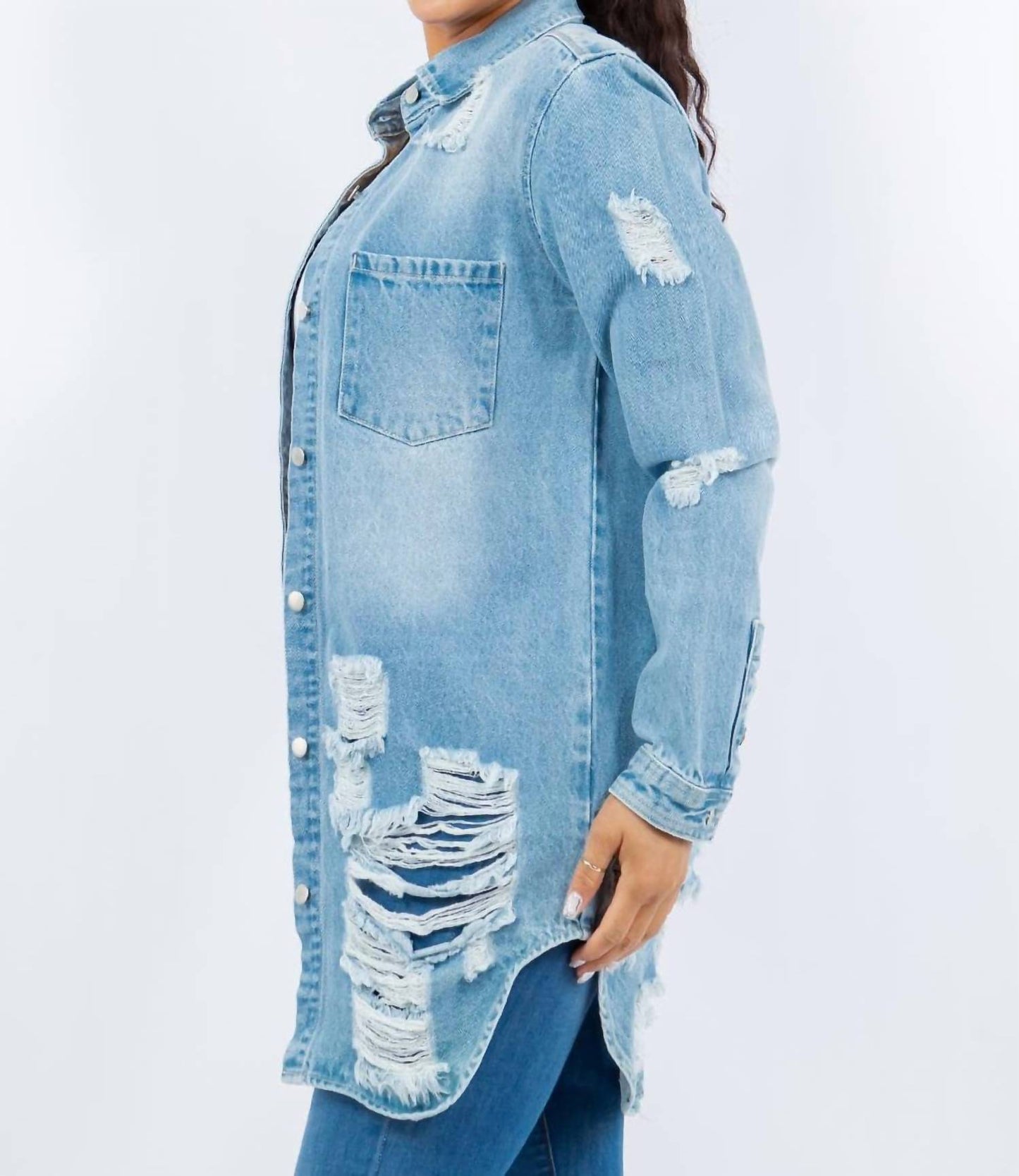 American Bazi - Distressed Button Up Long Sleeve Denim Jacket