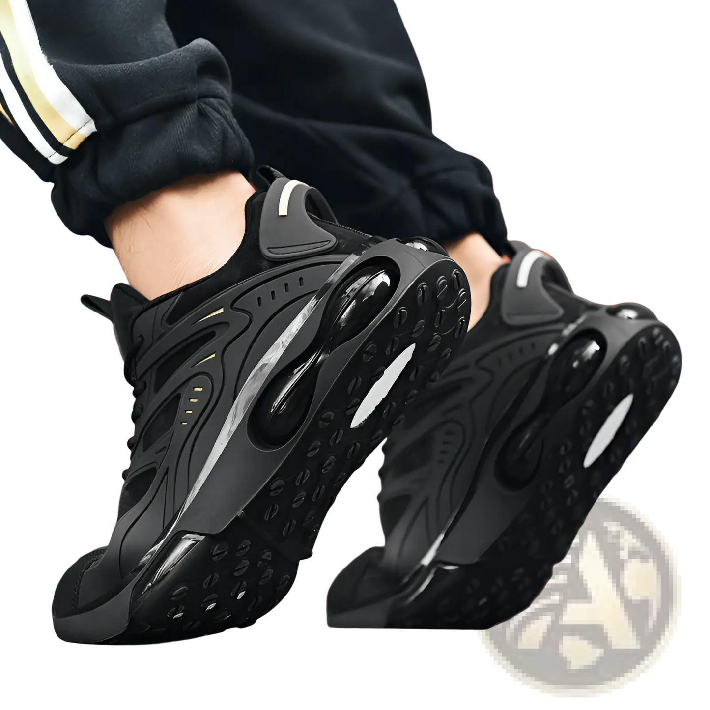 Black Breathable Mesh Sneakers with Gold Accents