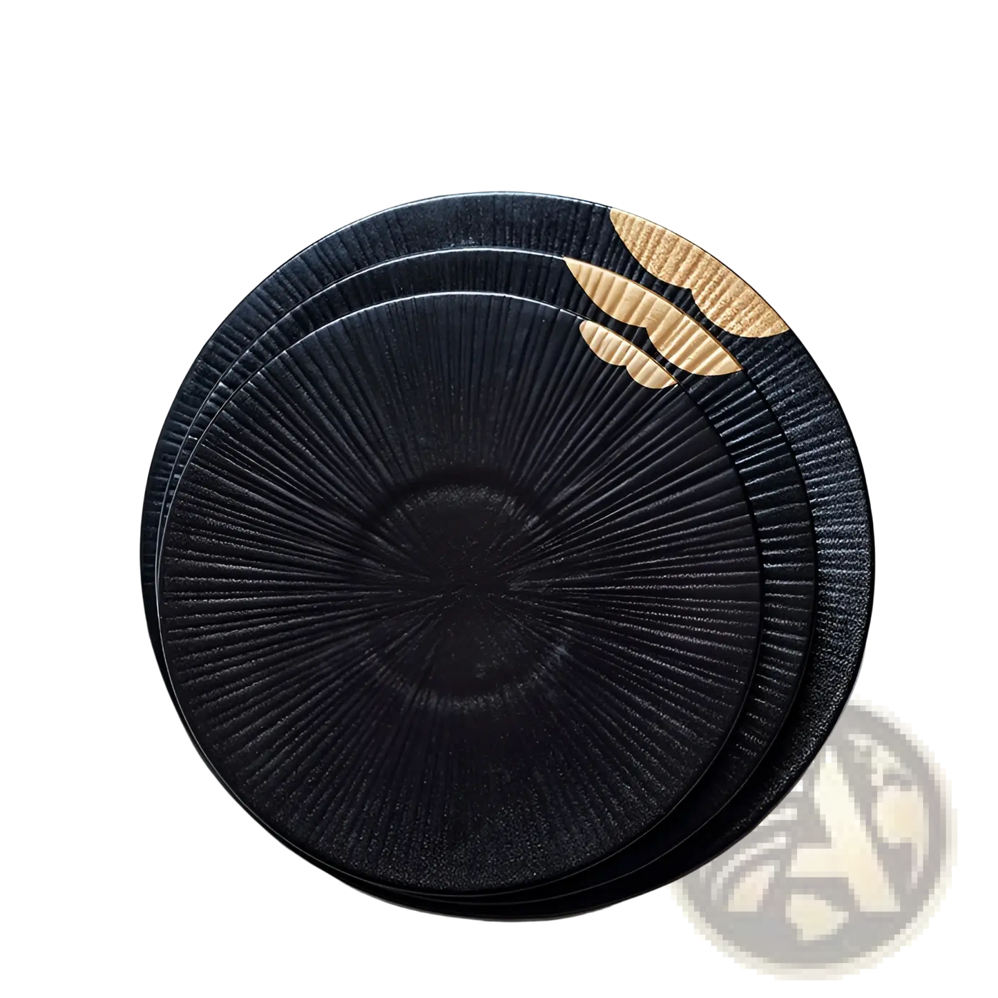 Black Ceramic Plate with Gold and Wood Rim Accents