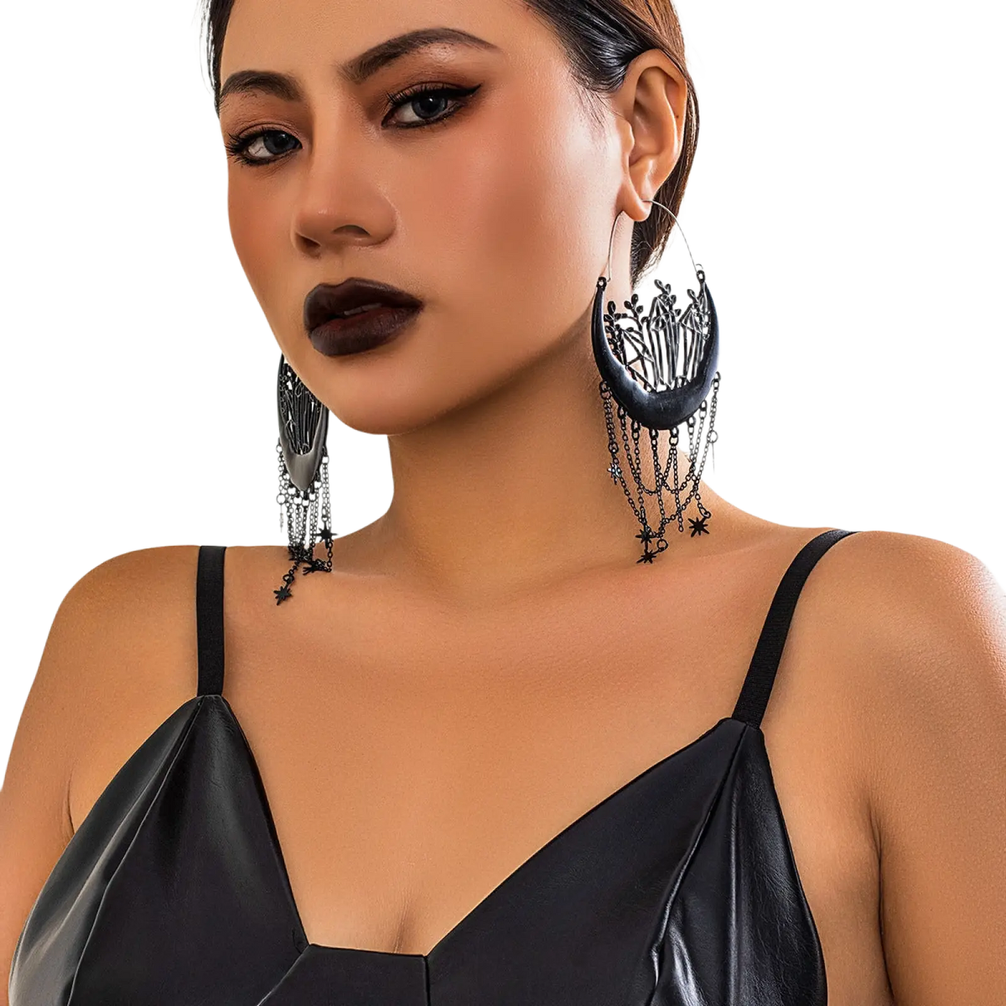 Black Crescent Moon Tassel Earrings with Star Chains
