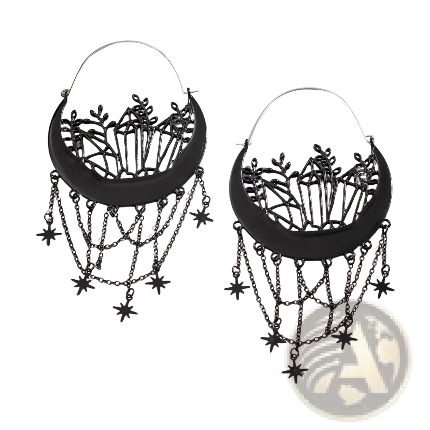 Black Crescent Moon Tassel Earrings with Star Chains