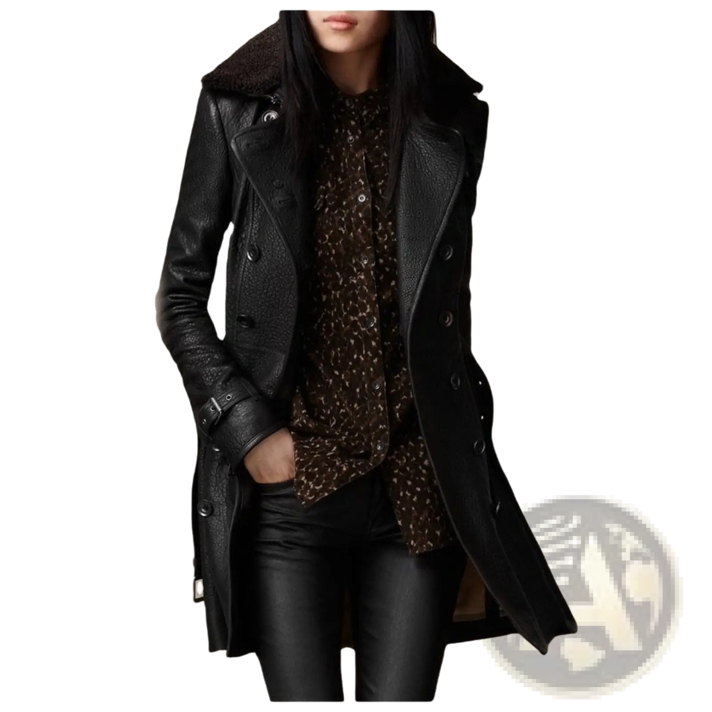 Black Faux Leather Double Breasted Trench Coat with Belt
