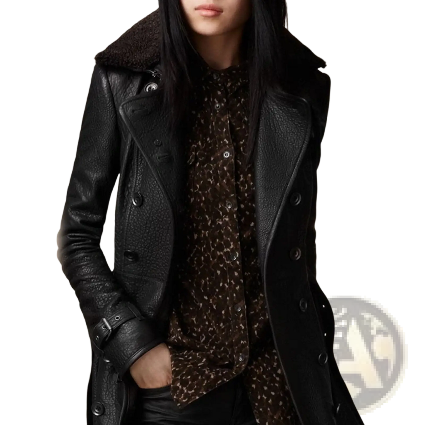 Black Faux Leather Double Breasted Trench Coat with Belt