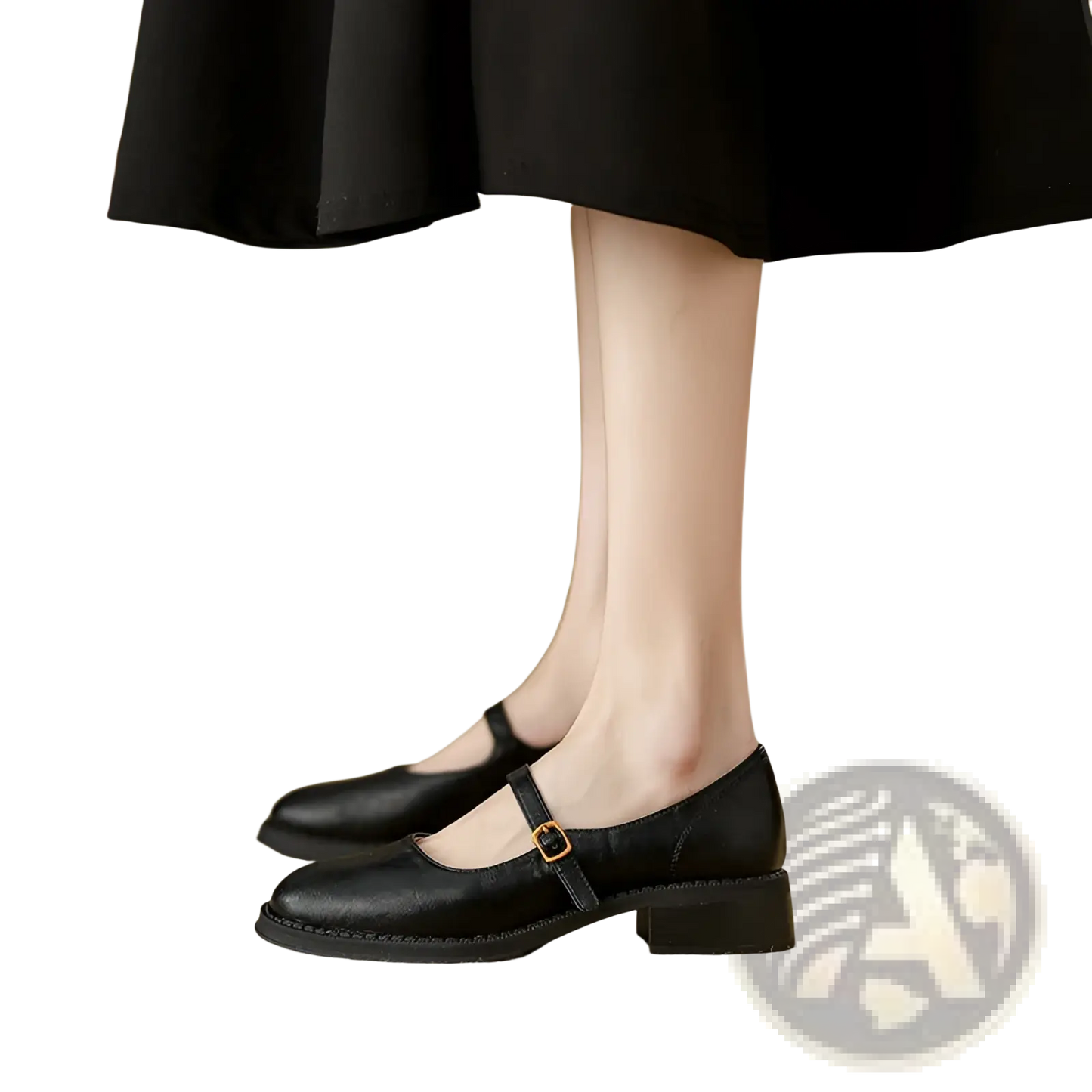 Black Leather Mary Jane Shoes with Block Heel