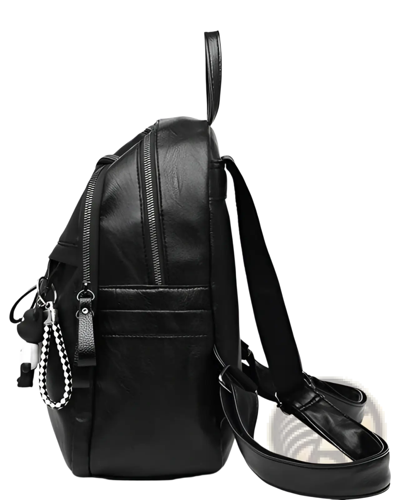 Black Leather School Backpack with Bear Charm