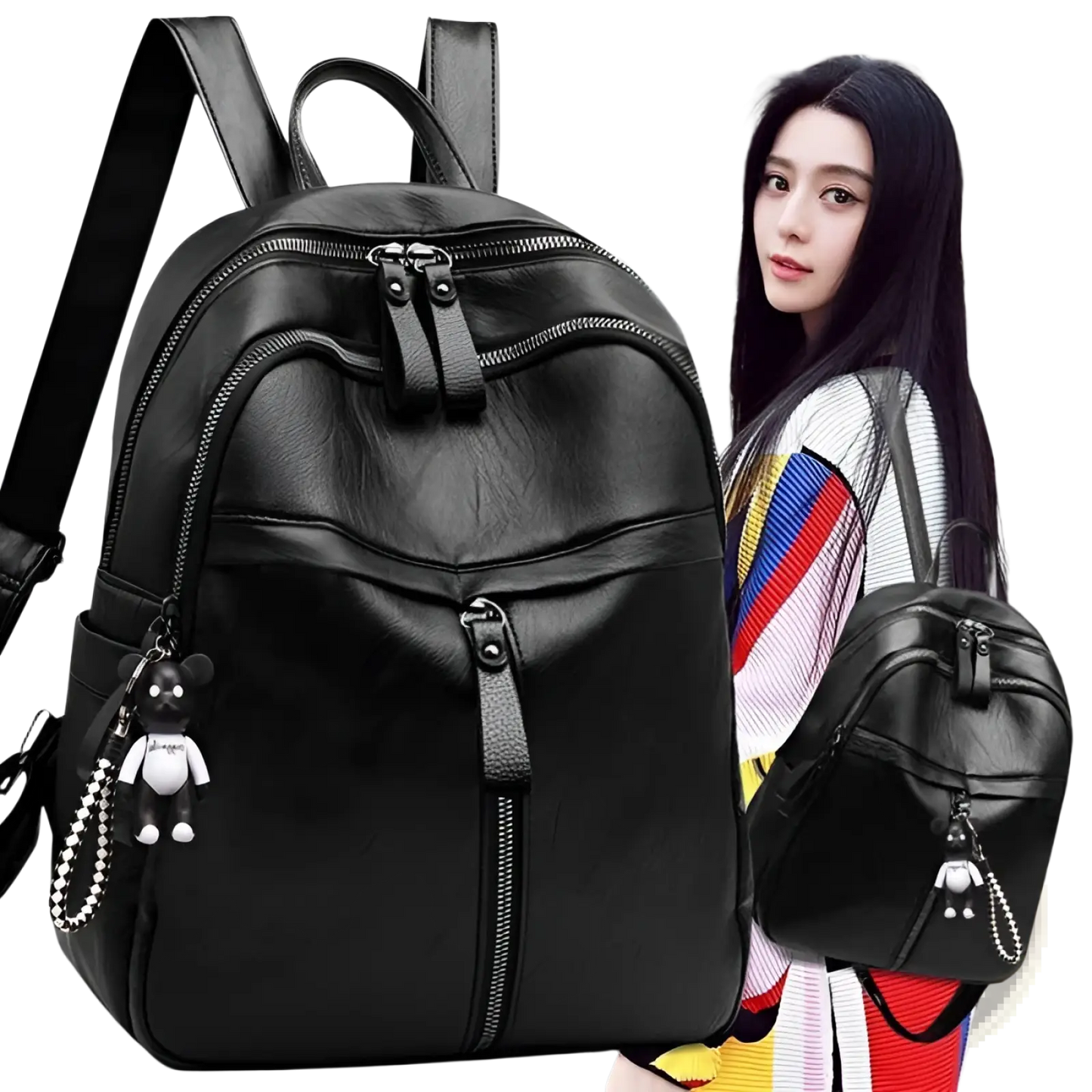 Black Leather School Backpack with Bear Charm