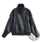 Black Litchi Leather Bomber Jacket for Women