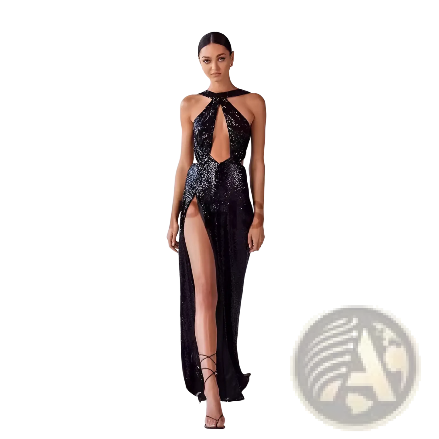 Black Sequined Halter Neck Evening Gown with High Slit